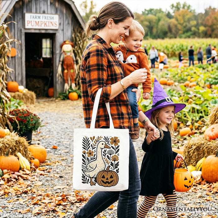 Boho Goose Halloween Pumpkin Tote Bag, Spooky Fall Floral Gift Shopper Tote Bag OrnamentallyYou
