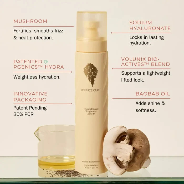 Bounce Curl Thermal Guard Leave-In with mushroom, hyaluronate, and baobab oil for curly hair hydration and frizz control