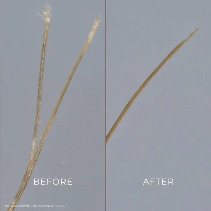 Before and after hair strand comparison showing smoother, healthier curls