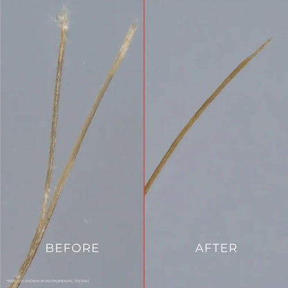 Before and after hair strand comparison showing smoother, healthier curls
