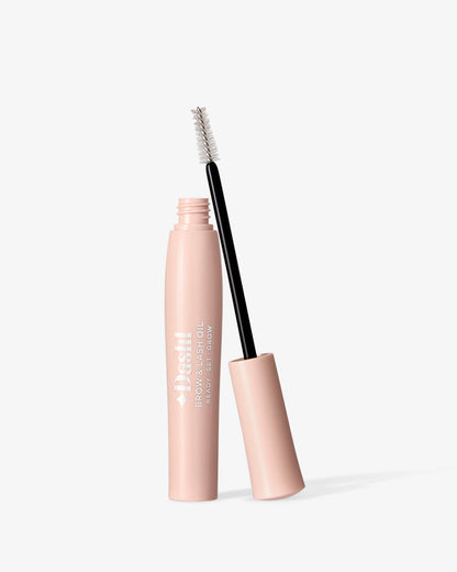 Brow & lash oil with open cap on a white background