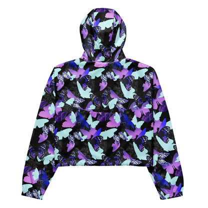 Butterfly kawaii cropped windbreaker with violet butterflies and floral line-art