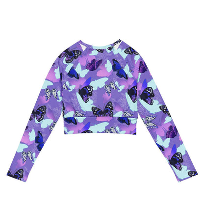 Butterfly kawaii long-sleeved crop top with navy butterflies and white-spotted wings