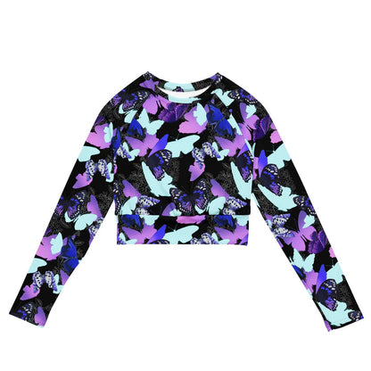 Butterfly kawaii long-sleeved crop top with electric-blue wings and crimson butterflies