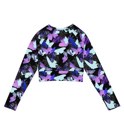 Butterfly kawaii long-sleeved crop top with violet butterflies and floral line-art