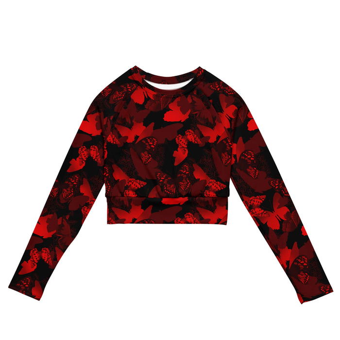 Butterfly kawaii long-sleeved crop top in crimson with layered butterfly silhouettes and cobalt wings