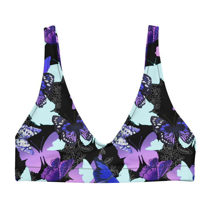 Butterfly kawaii padded bikini top in purple with electric-blue wings and crimson butterflies