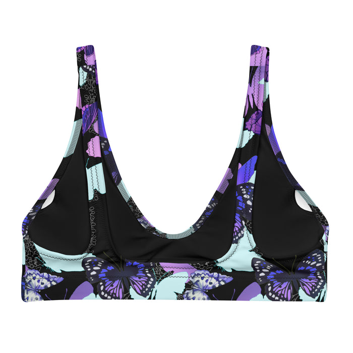Butterfly kawaii padded bikini top in purple with violet butterflies and floral line-art