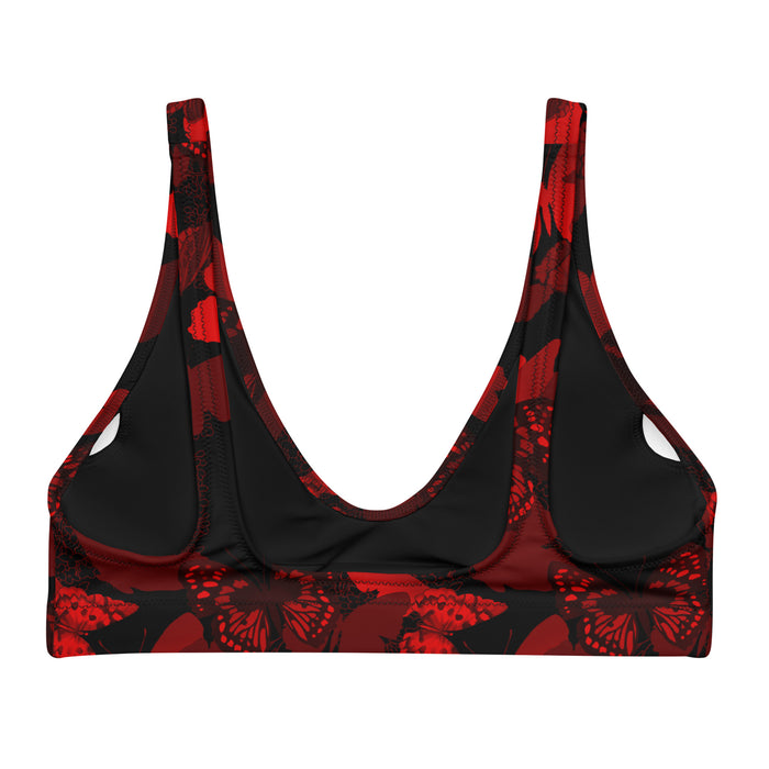 Butterfly kawaii padded bikini top in crimson with scarlet butterflies and white-flecked wings