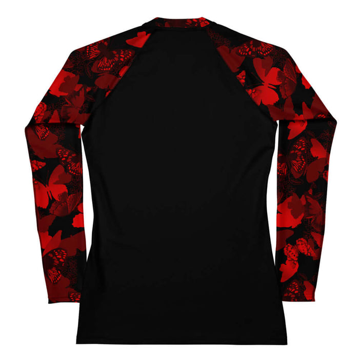 Butterfly kawaii rash guard in crimson with scarlet butterflies and white-flecked wings