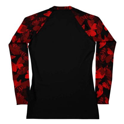 Butterfly kawaii rash guard in crimson with scarlet butterflies and white-flecked wings