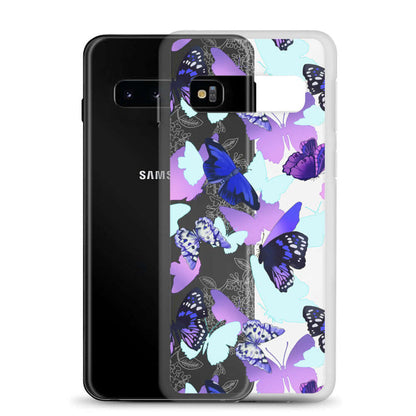 Butterfly kawaii Samsung phone case with cobalt morphos and violet wings on a clear shell
