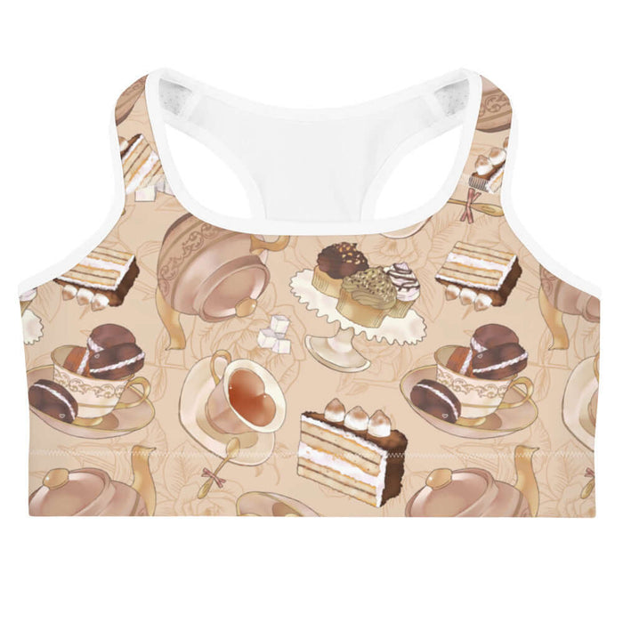 Latte kawaii Café sports bra with heart-shaped teacups and ornate teapots
