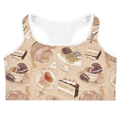 Latte kawaii Café sports bra with heart-shaped teacups and ornate teapots