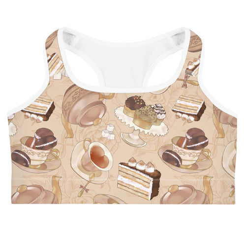 Latte kawaii Café sports bra with heart-shaped teacups and ornate teapots