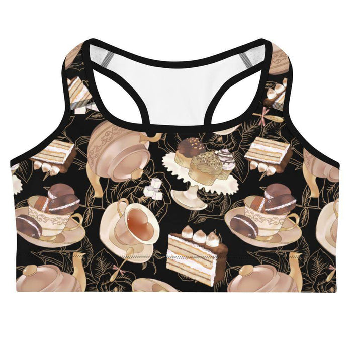 Latte kawaii Café sports bra with heart-shaped teacups and tiramisu cake