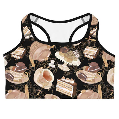 Latte kawaii Café sports bra with heart-shaped teacups and tiramisu cake