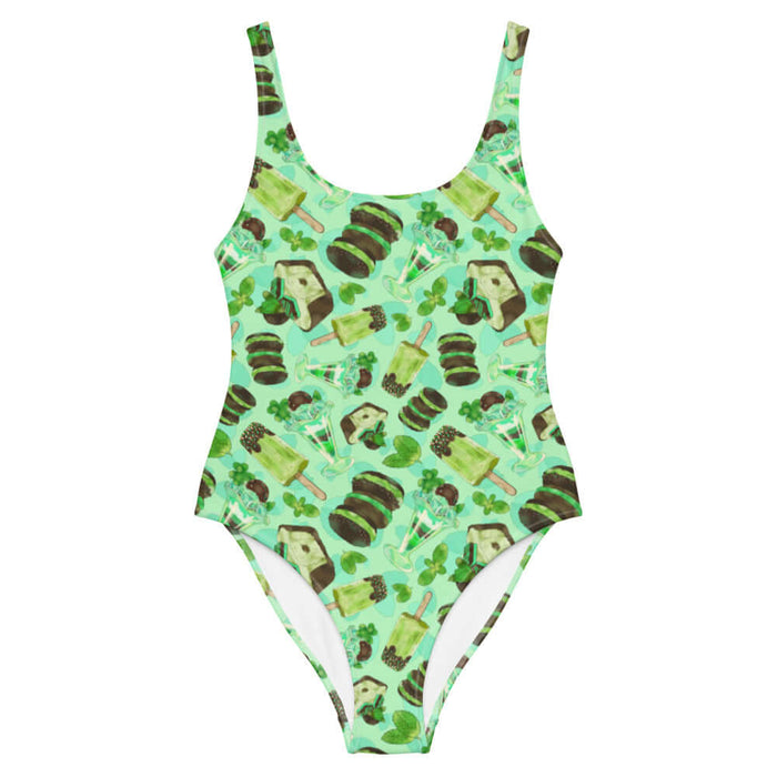 Choco Mint kawaii one-piece swimsuit in mint with mint popsicles and mint-cream cookies