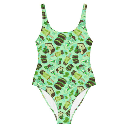 Choco Mint kawaii one-piece swimsuit in mint with mint popsicles and mint-cream cookies