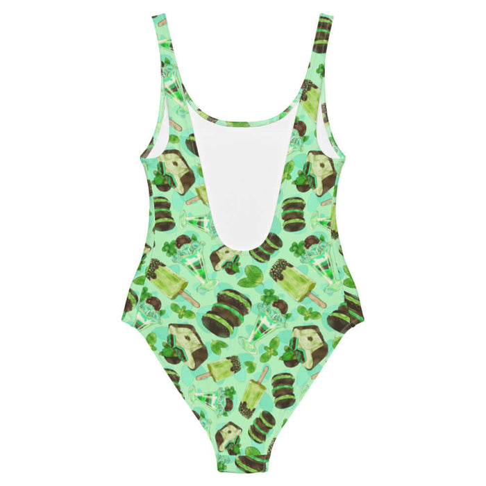 Choco Mint kawaii one-piece swimsuit in mint with layered mint parfaits and chocolate-dipped mint squares