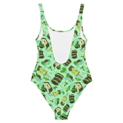 Choco Mint kawaii one-piece swimsuit in mint with layered mint parfaits and chocolate-dipped mint squares
