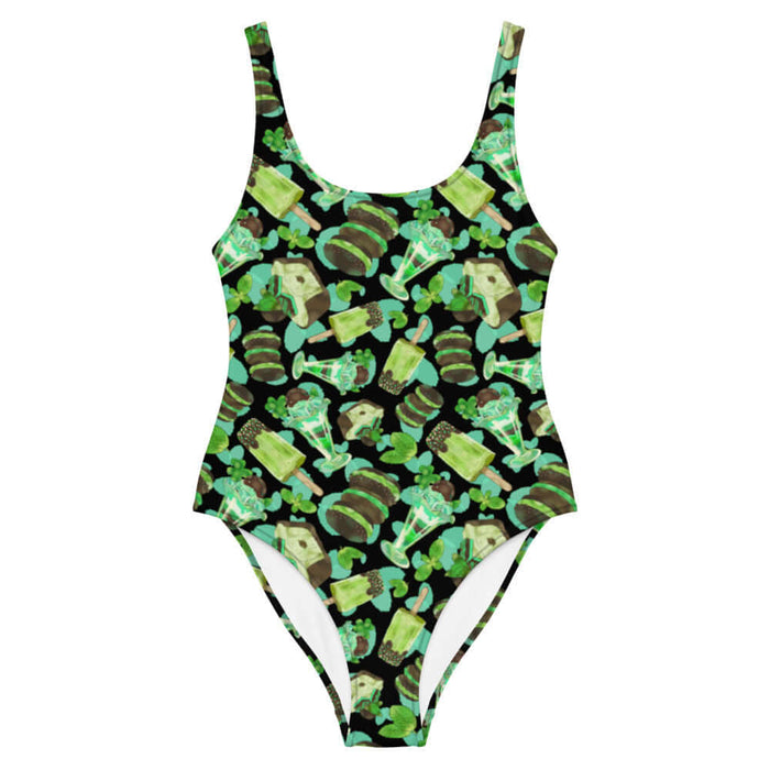 Choco Mint kawaii one-piece swimsuit in mint with chocolate-dipped popsicles and fresh mint leaves