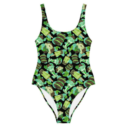Choco Mint kawaii one-piece swimsuit in mint with chocolate-dipped popsicles and fresh mint leaves