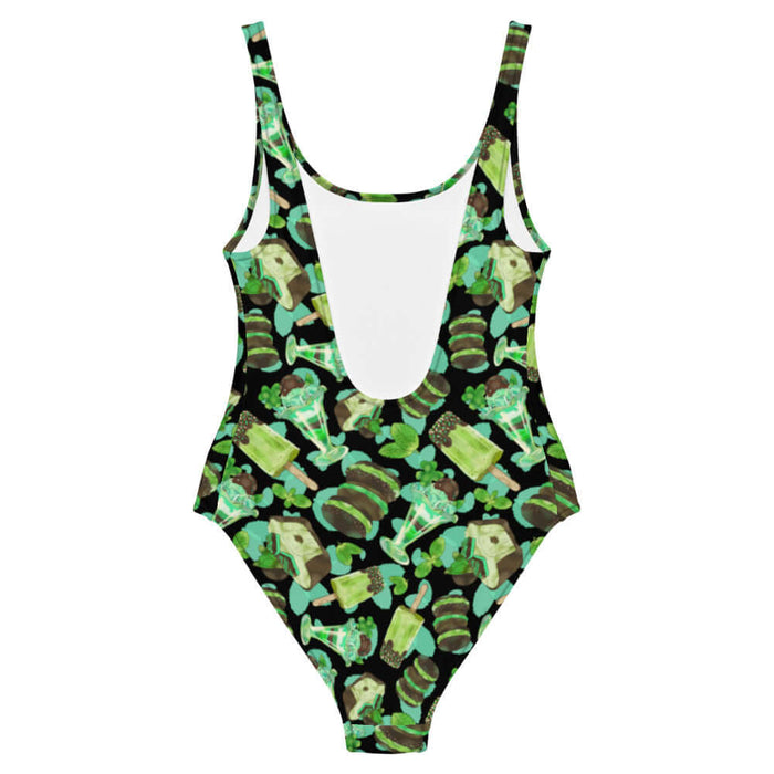 Choco Mint kawaii one-piece swimsuit in mint with mint-cream sandwich cookies and mint parfaits
