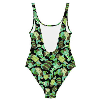 Choco Mint kawaii one-piece swimsuit in mint with mint-cream sandwich cookies and mint parfaits