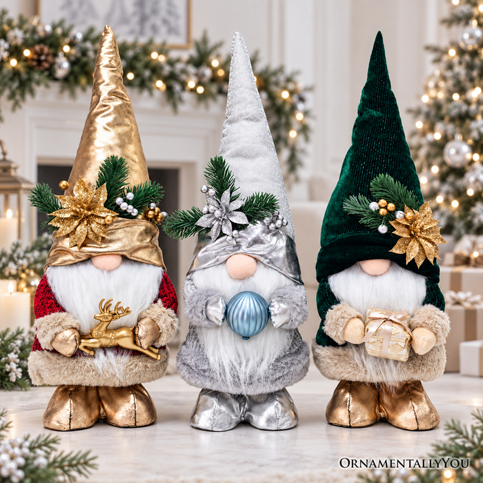 Christmas Luxe Plush Gnome Set of 3, Elegant Emerald Silver 19.3" Holiday Decor