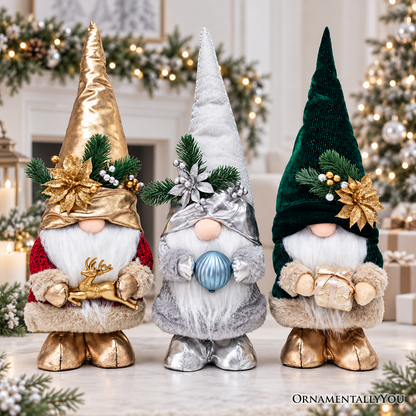 Christmas Luxe Plush Gnome Set of 3, Elegant Emerald Silver 19.3" Holiday Decor