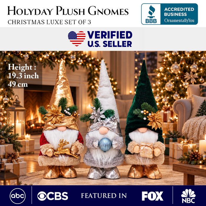 Christmas Luxe Plush Gnome Set of 3, Elegant Emerald Silver 19.3" Holiday Decor