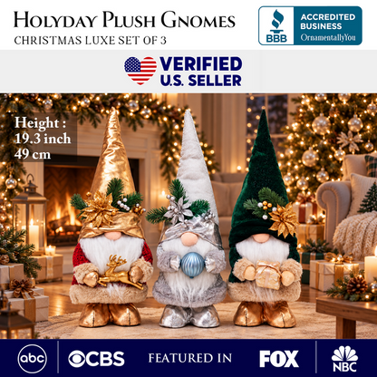 Christmas Luxe Plush Gnome Set of 3, Elegant Emerald Silver 19.3" Holiday Decor