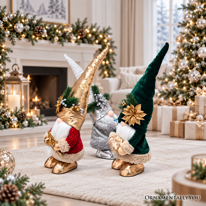 Christmas Luxe Plush Gnome Set of 3, Elegant Emerald Silver 19.3" Holiday Decor