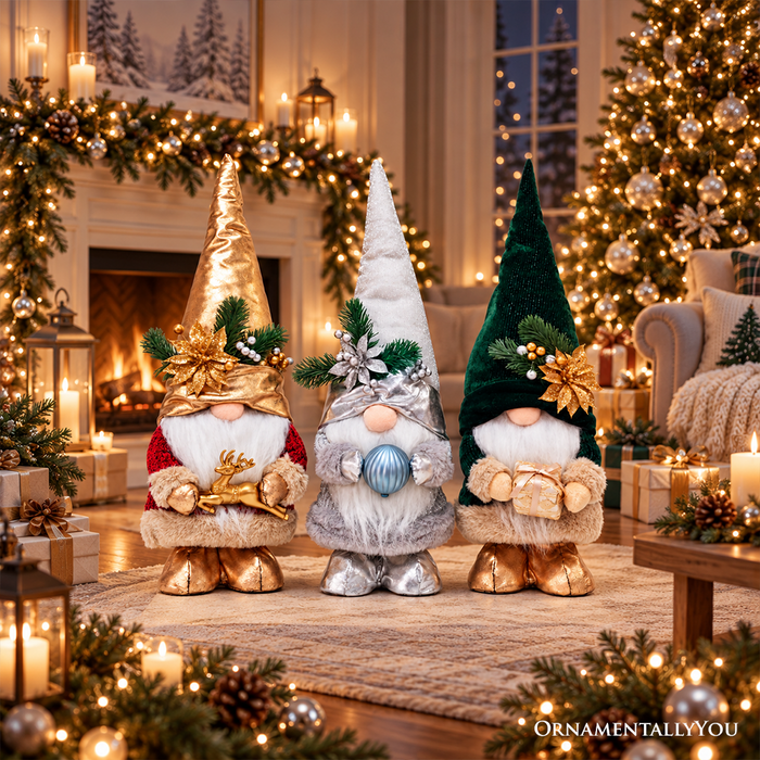 Christmas Luxe Plush Gnome Set of 3, Elegant Emerald Silver 19.3" Holiday Decor