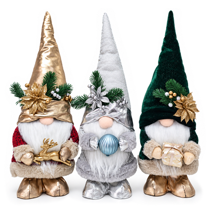 Christmas Luxe Plush Gnome Set of 3, Elegant Emerald Silver 19.3" Holiday Decor