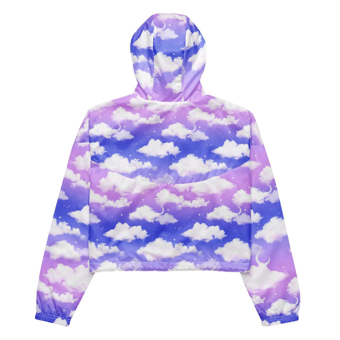 Cloudy Sky kawaii cropped windbreaker with crescent moons and scattered stars on a pastel sky