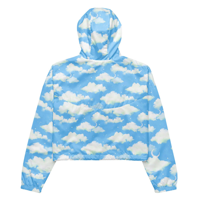 Cloudy Sky kawaii cropped windbreaker with fluffy clouds and a crescent moon on a pastel sky