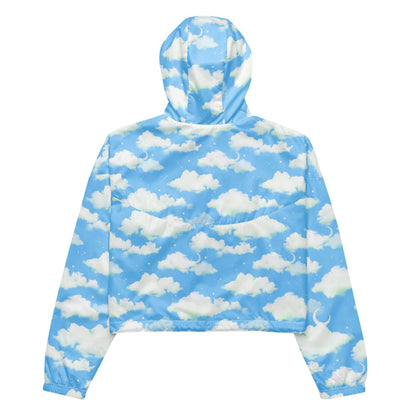 Cloudy Sky kawaii cropped windbreaker with fluffy clouds and a crescent moon on a pastel sky