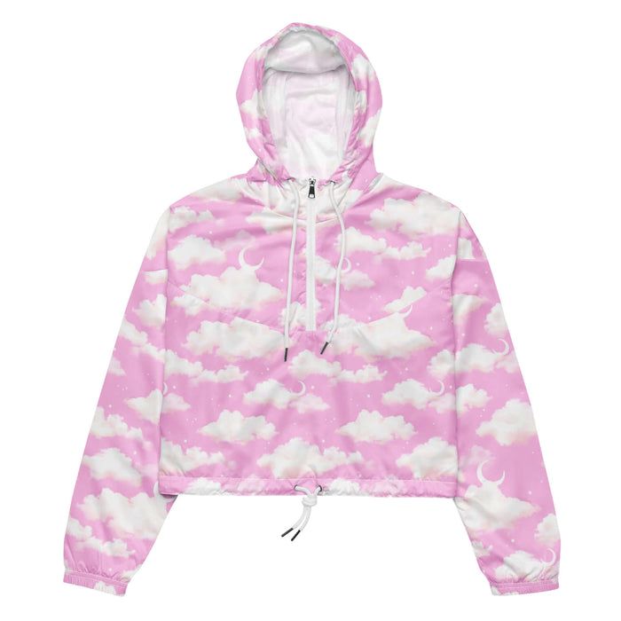Cloudy Sky kawaii cropped windbreaker in pink with puffy clouds and sprinkled stars