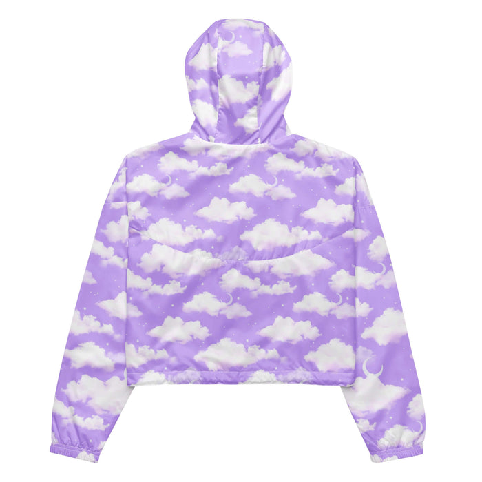 Cloudy Sky kawaii cropped windbreaker with fluffy cumulus clouds and crescent moons on a pastel sky