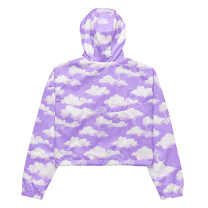 Cloudy Sky kawaii cropped windbreaker with fluffy cumulus clouds and crescent moons on a pastel sky