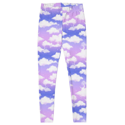 Cloudy Sky kawaii leggings in purple gradient with puffy white clouds and crescent moons