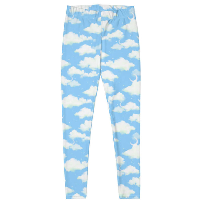Cloudy Sky kawaii leggings in blue with drifting clouds and tiny stars