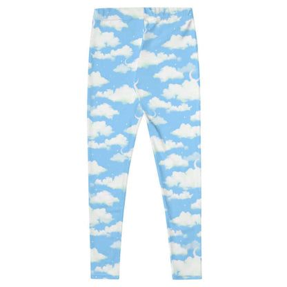 Cloudy Sky kawaii leggings in blue with fluffy clouds and a crescent moon