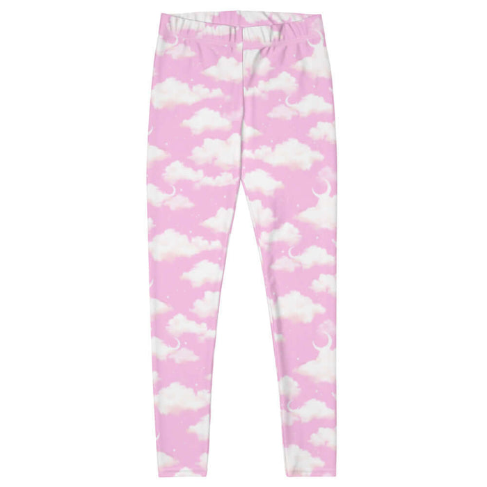 Cloudy Sky kawaii leggings in pink with puffy clouds and sprinkled stars