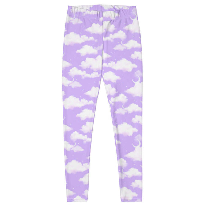 Cloudy Sky kawaii leggings in purple gradient with white clouds and tiny stars