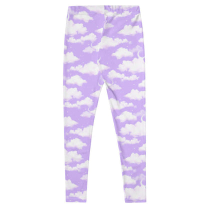 Cloudy Sky kawaii leggings in purple gradient with fluffy cumulus clouds and crescent moons
