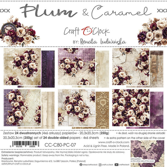 Craft O'Clock - 8X8 Paper Pad - Plum & Caramel. Includes 24 double-sided sheets. Available at Embellish Away in Bowmanville Ontario Canada.