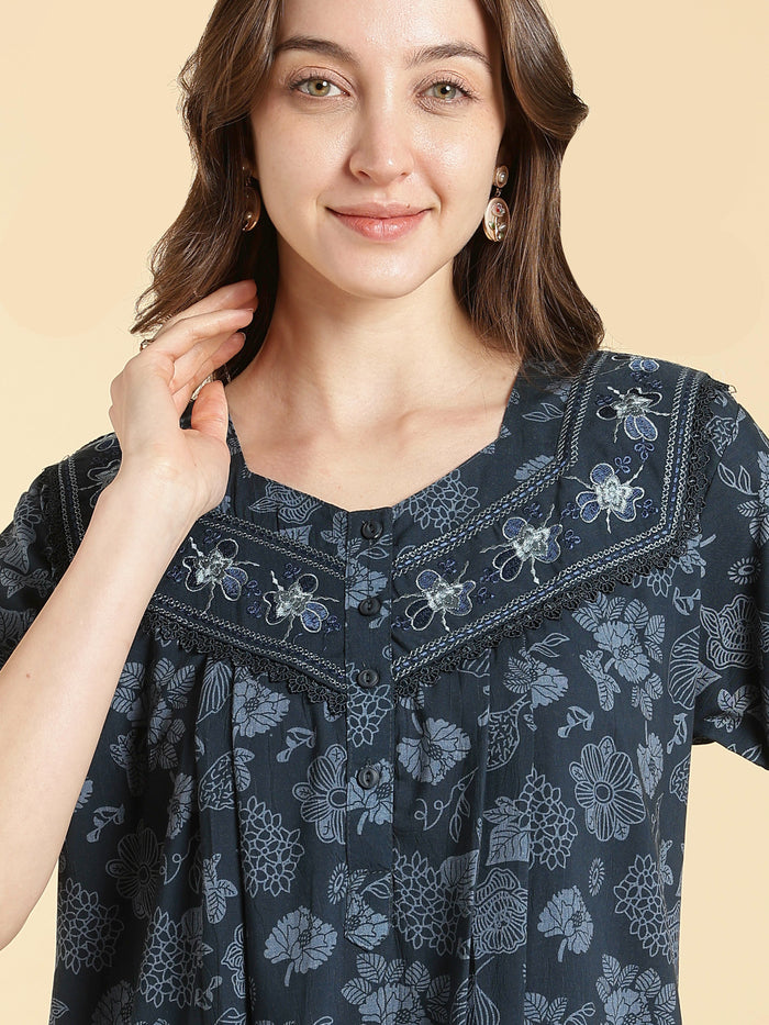 Crush cotton floral teal best nighty for women in summer